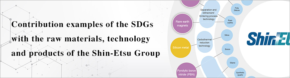 Contribution examples of the SDGs with the raw materials technology, and products of the Shin-Etsu Group
