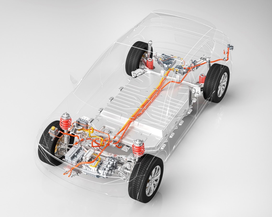 Image of wiring of a high-voltage cable used in an EV